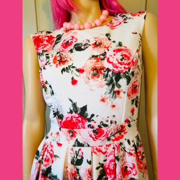 🌹Retro Glam Flirty Floral Garden Print Fit & Flare Babydoll Mini Dress - Picture 5 of 10